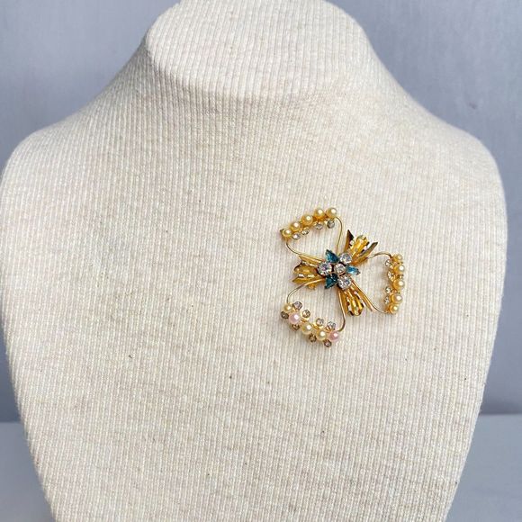 Scitarelli Brooch Open Work Multicolor Beads And Stones In Gold Tone Setting - Picture 1 of 8